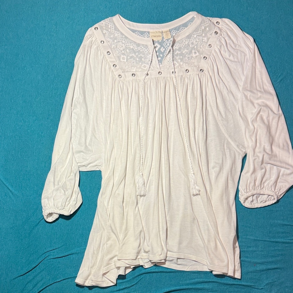 Chico's White Embroidered Tassel Tunic Top